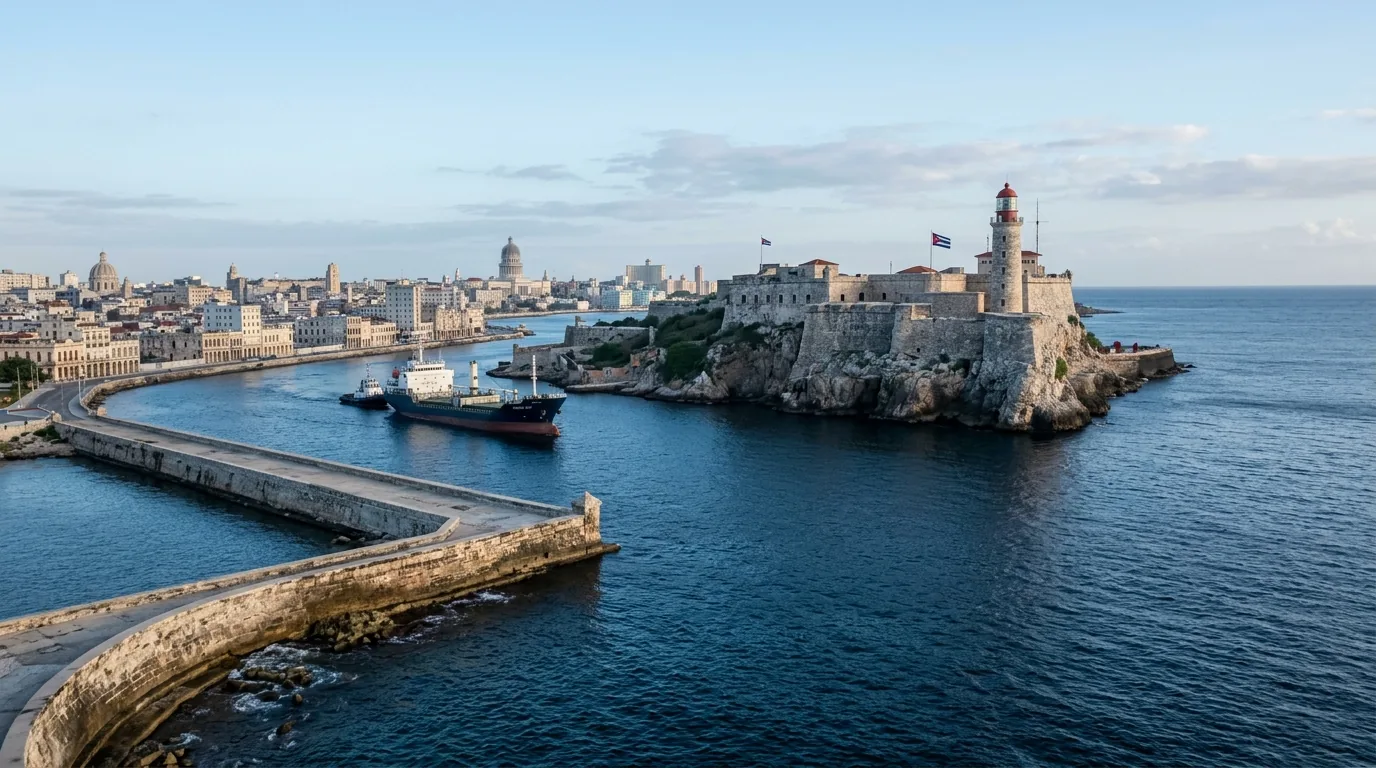 The Havana harbour shipping channel, seen past the Morro Castle lighthouse