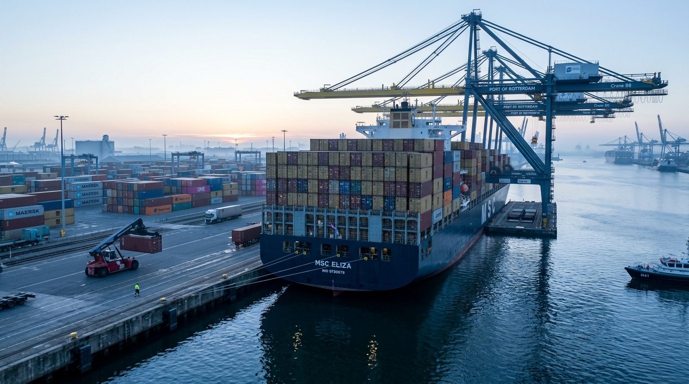 A container vessel alongside a commercial terminal, with gantry cranes working the deck in morning light